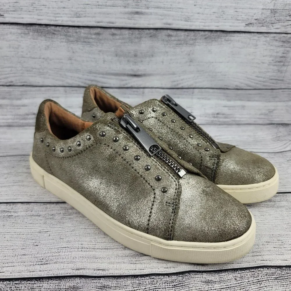 frye & co. Leather Zip Front Sneakers Victoria Moto Stud Metallic - Picture 1 of 10